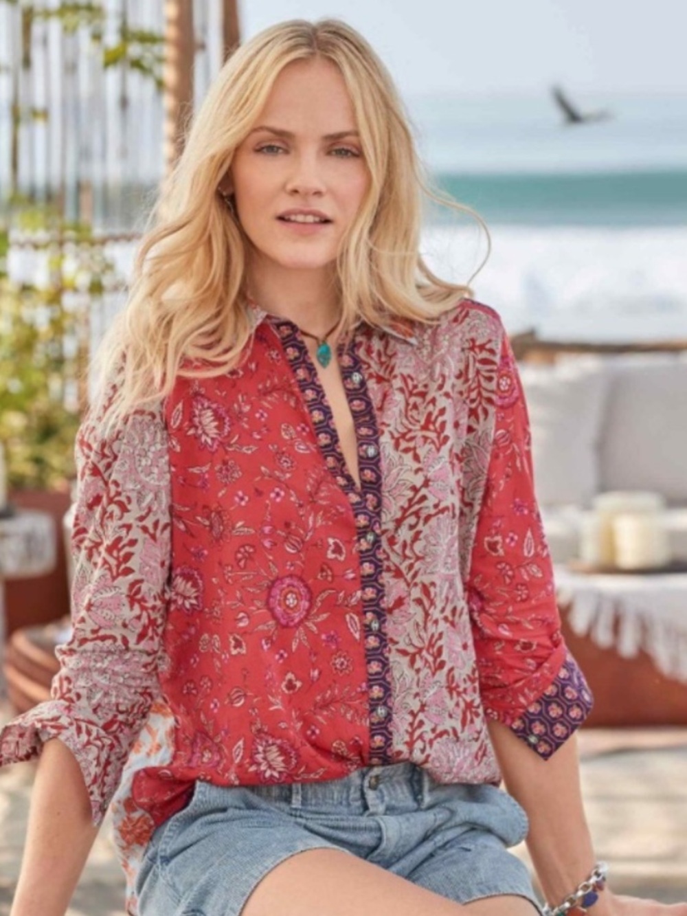 Sundance Kalamaria Patchwork Mixed Floral Print Long Sleeve Button Down Shirt S - Picture 2 of 8